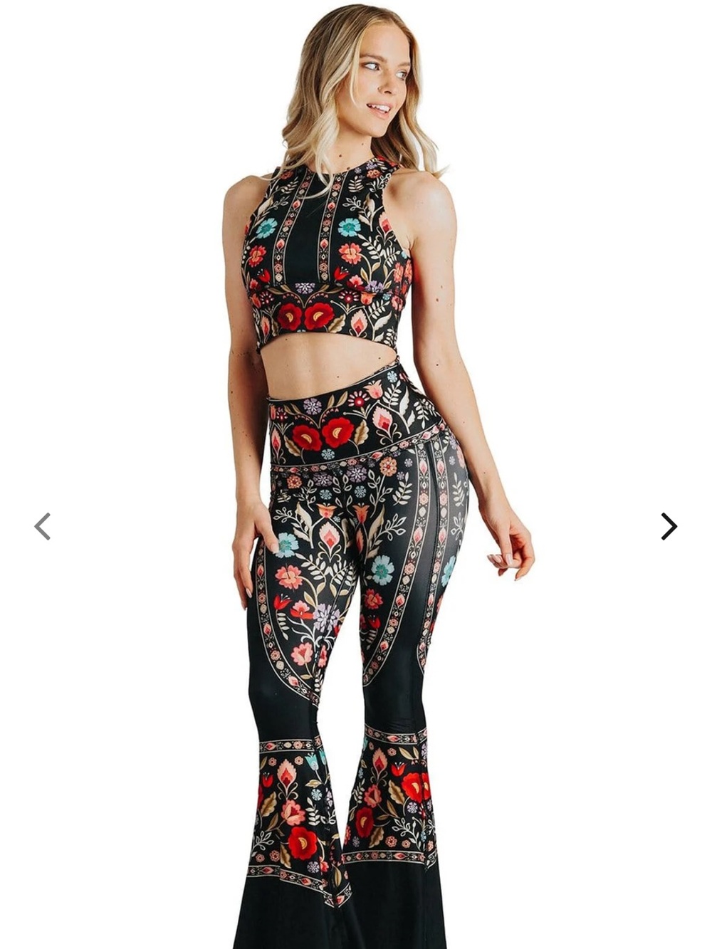 Yoga Democracy Black Floral High-Waist Boot Cut Leggings and Tank Rustica Set